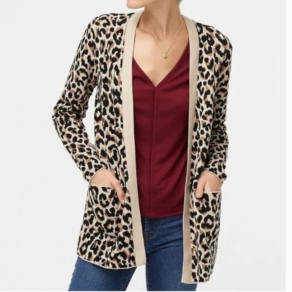 J.Crew Factory Leopard Print Open Front Cardigan Sweater Tan Black Womens Medium
